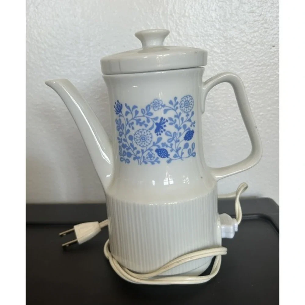 Vintage MCM Electric Kettle Creamer Pitcher Sugar Dish Mug Cup Blue Floral Japan